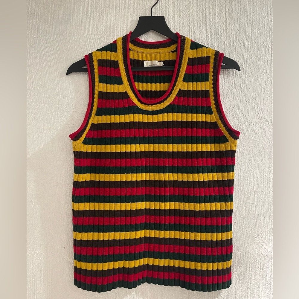 Wales Bonner Stripe Brixton Chenille Vest; Red, Green, Brown and Yellow sz Small